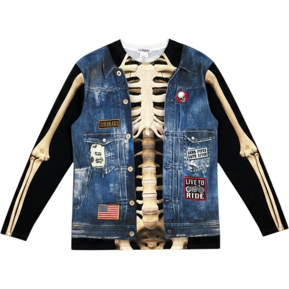 Faux Real Mens Skeleton Biker Denim Vest Graphic Long Sleeve T-Shirt XL 303
